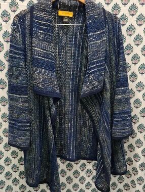 St. John Navy & White Multi-Stripe Open Front Cardigan